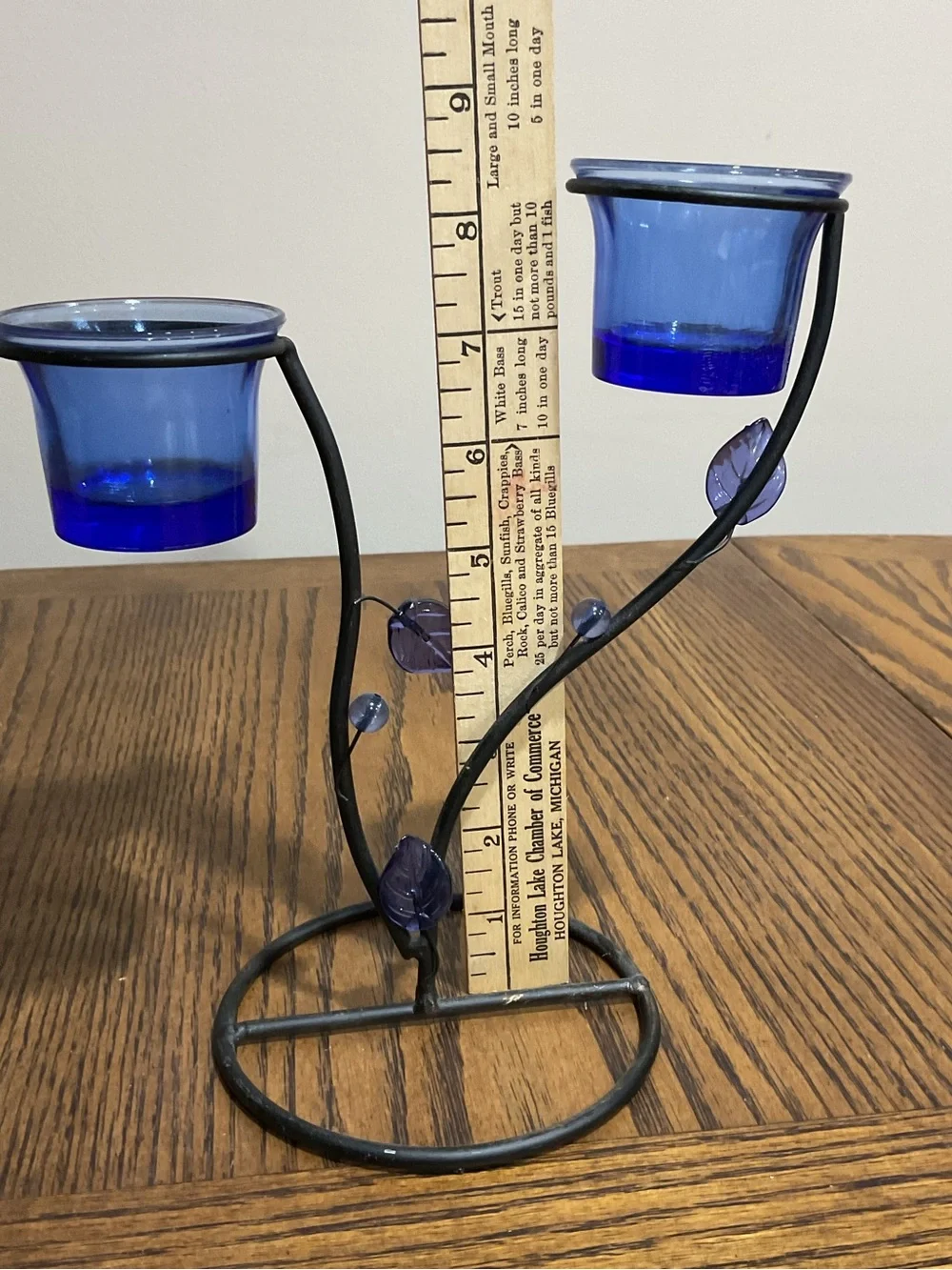 Blue Glass Tealight or Votive Holder with Decorative Metal Stand